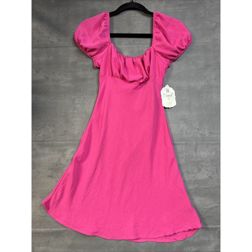 NWT Altar'd State  pink mini dress Square Neckline Roush Front Puff Sleeves XS